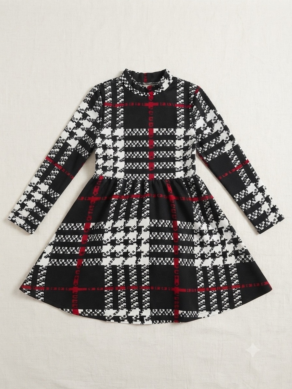 SHEIN Black, White & Red Plaid Long-Sleeve Fit-and-Flare Dress
